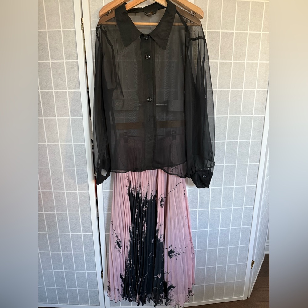 Vintage Zenobia Black Sheer Blouse with Pink and Black Skirt, Large.